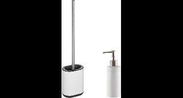 5Five - WC-/toiletborstel plat in houder - wit - Zeeppompje 400 ml