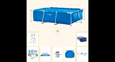 Intex Rechthoekig Frame Zwembad - 220 x 150 x 60 cm - Blauw - Inclusief Onderhoudspakket - Grondzeil - Zwembadfilterpomp - Voetenbad - Ladder - Schoonmaakset - Solarzeil - 8-delig