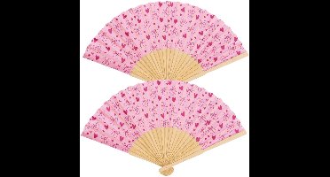 Spaanse hand waaier - 2x - Strik/hart - licht roze - 21 cm - bamboe/papier