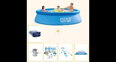 Intex Rond Opblaasbaar Easy Set Zwembad - 305 x 76 cm - Blauw - Inclusief Pomp - Onderhoudspakket - Schoonmaakset - Grondzeil - Solarzeil - 6-delig