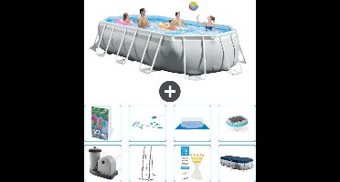 Intex Ovaal Prism Frame Zwembad - 503 x 274 x 122 cm - Grijs - Inclusief Pomp - Ladder - Grondzeil - Afdekzeil - Schoonmaakset - Verlichting - 9-delig