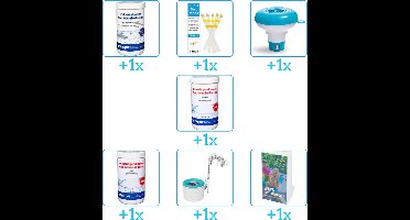 Zwembad Onderhoudspakket - Onderhoud Zwembad - bevat Chloor - Testrips - Chloordrijver - PH-min - PH-plus - Skimmer en Zwembadgids (7-delig)
