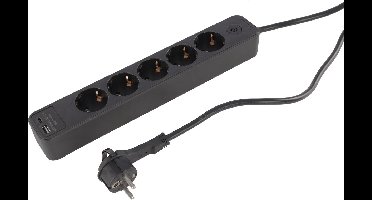 Q-Link Stekkerdoos - 5-Voudig Stopcontact met Randaarde - Platte Stekker - 2 USB-Poorten (USB-A en USB-C) - Met Schakelaar - Snoer van 1,5 Meter Lang - Kabeldikte 3 x 1,5 mm² - Kleur Zwart