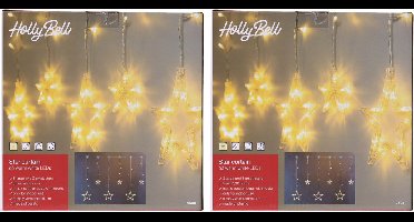 HI Kerstverlichting lichtgordijn - 2x - warm wit - 6 sterren - 63 led lampjes - 200 cm - lichtsnoer