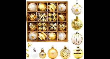 Boraboi® Complete set van 40 kunststof kerstballen in rood, goud en wit met vuurwerkdetails 40 stuuks