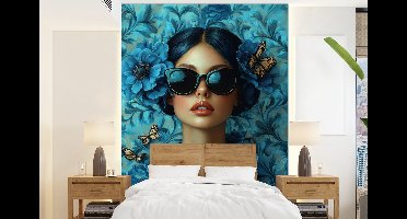 Behang - Fotobehang Vrouw - Bloemen - Vlinders - Blauw - Abstract - Breedte 160 cm x hoogte 220 cm