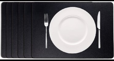 Cookinglife Placemats - Set van 6 - Rechthoekig - Dubbelzijdig - Vegan Lederlook Onderleggers - Zwart - 46 x 33 cm