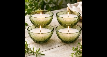 Citronellakaarsen Set van 4 – Groene Glazen Kommen 9 x 9 x 5 cm – 110 g Wax per Kaars – 3% Citronella – Brandduur 22-24 uur – Helpt Muggen op Afstand te Houden