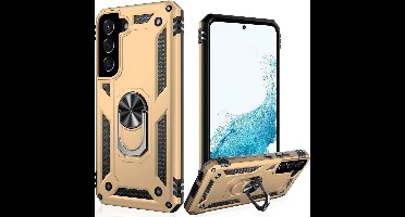 Hoesje Geschikt Voor Samsung Galaxy S22 Hoesje Anti-Shock Hybrid Armor Goud - Hoesje Geschikt Voor Samsung Galaxy S22 hoesje met Kickstand Ring Houder - Kunststof - Back Cover