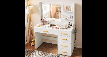 Sierra, Make-uptafel met verlichting, kaptafel met spiegel, kaptafel met kruk, kleuren met instelbare helderheid, kaptafel met 5 laden, open vakken, Vanity Table, wit