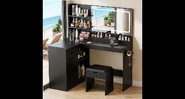 Sierra, Grote Kaptafel met Spiegel en Verlichting, hoek-kaptafel met ledverlichting, verstelbare helderheid en kruk, make-uptafel met 5 laden, stopcontact, haardrogerhouder,modern(Zwart)