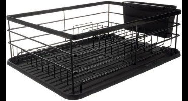 Ruhhy Afwas afdruiprek - met lekbak - staal - zwart - 44 x 31 x 13 cm - met bestekbak