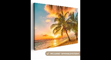 OneMillionCanvasses - Canvas - Schilderij - Palmboom - Strand - Zee - Zonsondergang - Schilderijen woonkamer - Canvas doek - 80x60 cm - Wanddecoratie