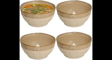 Secret de Gourmet Soepkommen Provence - 4x - beige/taupe - 15 x 7 cm - keramiek - kommetjes - schaaltjes - 720 ml - stapelbaar
