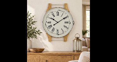 Hoppa! Grote wandklok in horlogevorm - Crème/Naturel/Chroom - 6 x 78 x 92 cm (B x D x H)