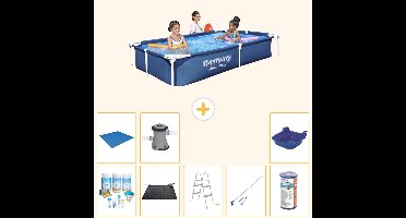 Bestway Rechthoekig Steel Pro Zwembad - 221 x 150 x 43 cm - Blauw - Inclusief Onderhoudspakket - Solar Mat - Ladder - Schoonmaakset - Grondzeil - Filter - Voetenbad - Zwembadfilterpomp - 9-delig