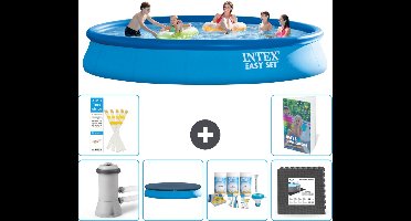 Intex Rond Opblaasbaar Easy Set Zwembad - 457 x 84 cm - Blauw - Inclusief Pomp - Afdekzeil - Onderhoudspakket - Vloertegels - 7-delig