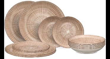 Cookinglife Baia Serviesset 12 Delig - 4 Personen - Diner Ontbijt Diepe Borden - Porselein Bruin - Vaatwasser En Magnetronbestendig, 27/19/20 cm