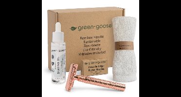 green-goose® Scheerpakket | Safety Razor Klassiek Scheermes | Rozegoud | Biologische Scheerolie | Bamboe Doekje | 10 Scheermesjes | Duurzaam Cadeau!
