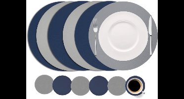 Cookinglife Placemats Set 12-delig - Vegan Lederlook - Rond - 6 Placemats + 6 Onderzetters - Blauw/Grijs - Dubbelzijdig, Ø38/Ø10 cm