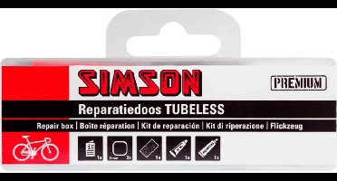 Simson Tubeless reparatiedoos rood met pleisters, blauwe solutie en montagevloeistof voor fietsbanden
