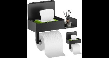 GELLDG Toilettenpapierhouder - Klopapierhalter met Ablage - 20,5x12,5x6,5cm - Grote Opbergplank voor Extra Draagvermogen - Geschikt voor Badezimmer - Edelstalen Multifunctionele Rolhouder - Incl. Feuchttücherboxhouder - Anti-Fingerprint Mat Zwart