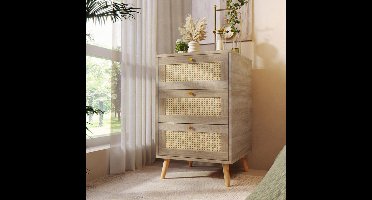 Sierra, DE_WF292342AAA_ZWX Commode met 3 laden, ladekast voor slaapkamer & woonruimtes & kantoor, dressoir highboard met veel opbergruimte, eiken rotan, 48,6 x 48,5 x 79,5 cm