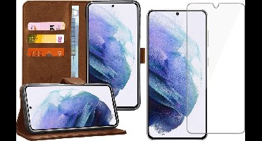 Hoesje geschikt voor Samsung Galaxy S21 Plus - Screen Protector GlassGuard - Book Case Kunstleer Pasjeshouder Bruin & Screenprotector