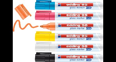 edding 95 glasmarker set - 6 raamstiften - wit, zwart, geel, lichtblauw, roze, oranje - direct te gebruiken zonder pompen - droog uitwisbaar