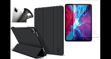 Hoes geschikt voor iPad Pro 2021 12.9 inch - Screenprotector GlassGuard - Trifold Book Case Kunstleer Tablet Hoesje Zwart