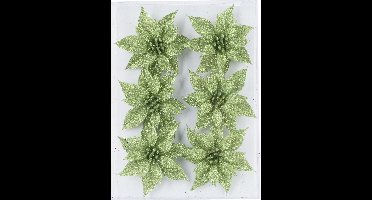 Cosy & Trendy rozen groen glitter - 6x decoratie bloemen - ijzerdraad - 8 cm - kerstversiering