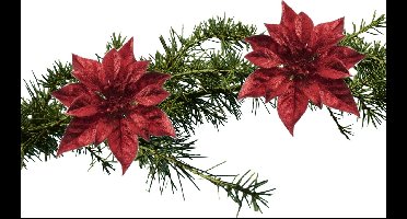 Cosy & Trendy Kerstboomversiering - 2x - bloem - op clip - rode kerstster - 18 cm