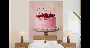 Behang - Fotobehang Taart - Pink - Cherry - Breedte 145 cm x hoogte 220 cm