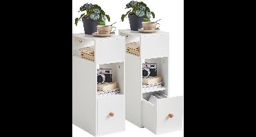 Sierra nachtkastje set van 2, klein smal nachtkastje met 2 open vakken en 1 lade, ruimtebesparend, houten bijzettafels voor slaapkamer woonkamer, wit