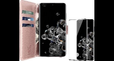 Hoesje geschikt voor Samsung Galaxy S20 Ultra - Screen Protector FullGuard - Book Case Kunstleer Pasjeshouder Rosegoud & Screenprotector