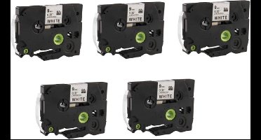 Label Tape Geschikt voor Brother TZe-325 | 9 mm x 8 m | Wit op Zwart - 5 stuks - Geschikt voor: GL-100 PT-1830 PT-7100VP PT-D600VP GL-200 PT-2030 PT-7500VP PT-E100VP GL-H105 PT-2100VP PT-7600 PT-E300VP PT-1000 PT-2420PC PT-9500 PT-E550WVP PT-1010