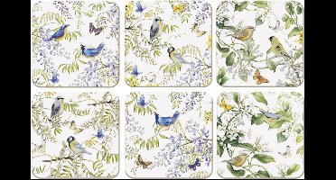 Bekking & Blitz - Onderzetters - 6 stuks - Kunst - Botanische kunst - Bloemen - Vogels - Vogels in blauweregen - Janneke Brinkman