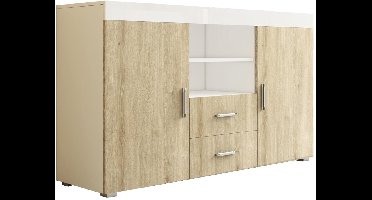 Sierra Muebles Bonitos | Dressoir Modern voor woonkamer of eetkamer | Breedte 140 x Hoogte 80 x Diepte 40 cm | Afwerking Glanzend Wit en mat Sonoma | 2 Deuren | 2 Laden | TV-meubel | Model Roque