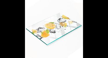 Decoratieve snijplank van gehard glas met citroen- en watermotief, 80x52 cm