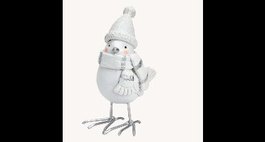 Beeldje wintervogel wit-zilver met muts en sjaal