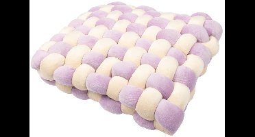 Coockoo Velvet Vibe Kattenkussen - Gevlochten Velours Kussen - Zacht en Stijlvol - 40x40x9,5cm - Lila/Beige
