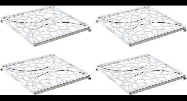 Items Pannenonderzetter - 6x stuks - vierkant - bloemen patroon - 18 x 18 cm - zilver - metaal - sierlijk - stijlvol