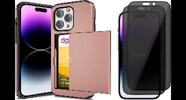 Hoesje met Pasjeshouder geschikt voor iPhone 15 Pro Max - 2x Privacy Screen Protector FullGuard - Back Cover SlideCase Roségoud & Screenprotector