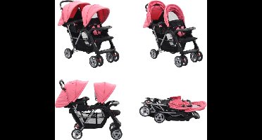 vidaXL Kinderwagen dubbel staal roze en zwart - Kinderwagen - Kinderwagens - Kinder Wagen - Kinder Wagens