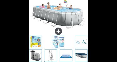 Intex Ovaal Prism Frame Zwembad - 610 x 305 x 122 cm - Grijs - Inclusief Pomp - Ladder - Grondzeil - Afdekzeil Onderhoudspakket - Filters - Schoonmaakset