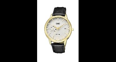 Q&Q A12A-005PY - Horloge - Heren - Mannen - Leren band - Rond - Metaal - Datumaanduiding - Streepjes - Zwart - Goudkleurig - Wit - 5 ATM