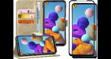 Hoesje geschikt voor Samsung Galaxy A21s - Screen Protector FullGuard - Book Case Kunstleer Pasjeshouder Goud & Screenprotector