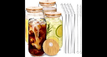Set van 4 cocktailglazen met bamboe deksel en glazen rietje Bubble Tea beker glas 500 ml Iced Coffee glazen voor Iced Coffee, bier, cocktail, cola, herbruikbare glazen bekerset.