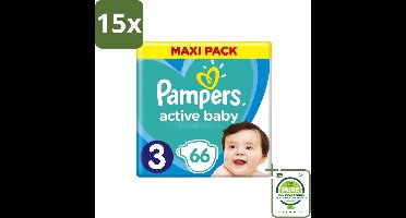 15 x Pampers – Luiers – Active Baby Dry Maat 3 – 66 Luiers - Grootverpakking - Vaatwasstrips - Baby Luier - Droge Luier - Vochtabsorptie - Baby Droogheid - Superabsorberende Kern
