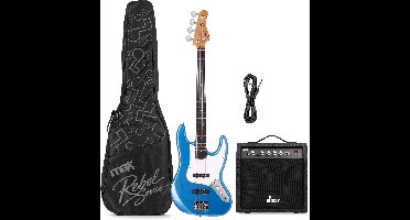 Basgitaarset - MAX Rebel JB - Met online muziekcursus - Roasted maple hals met 20 frets - Incl. gitaartas en versterker - Metallic blue